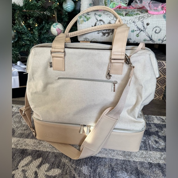 BEIS Handbags - Beis Beige Canvas and Leather Weekender Tote Bag